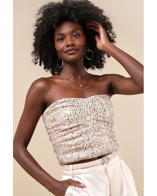 Lulus Natural My Favorite Sparkle Sequin Ruched Strapless Crop Top