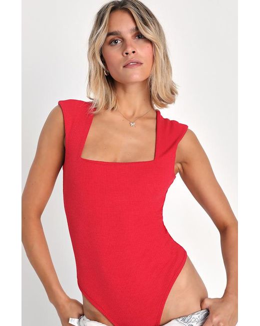 Lulus Red Sweet Crush Ribbed Square Neck Bodysuit