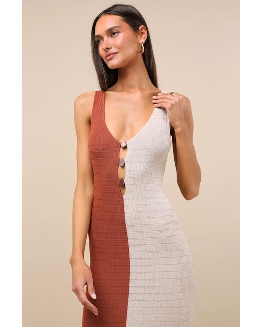 Lulus Natural Oleta Rust And Light Color Block Textured Knit Midi Dress