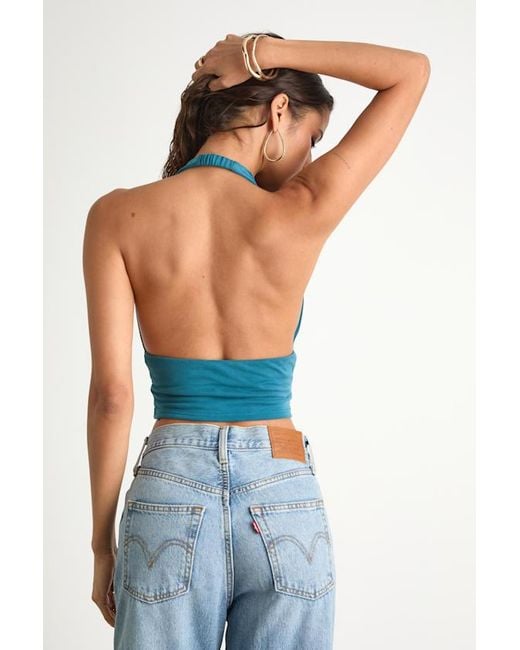 Lulus Blue Niyara Dark Jersey Knit Halter Crop Top