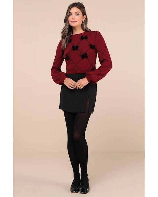 Lulus Red Holiday Darling Argyle Balloon Sleeve Bow Sweater