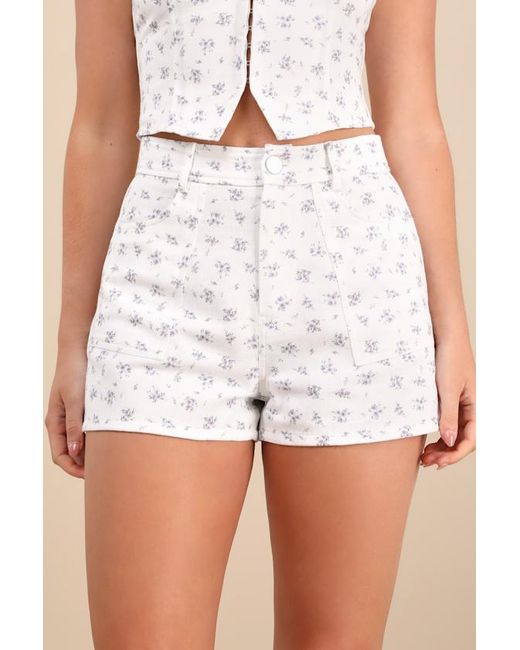 Lulus White Hanan Ditsy Floral High-Rise Twill Shorts
