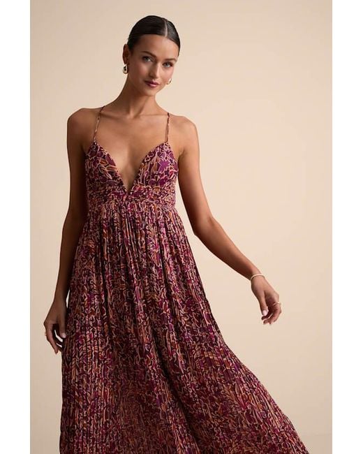 Lulus Red Kit Plum Multi Floral Pleated Lace-Up Maxi Dress