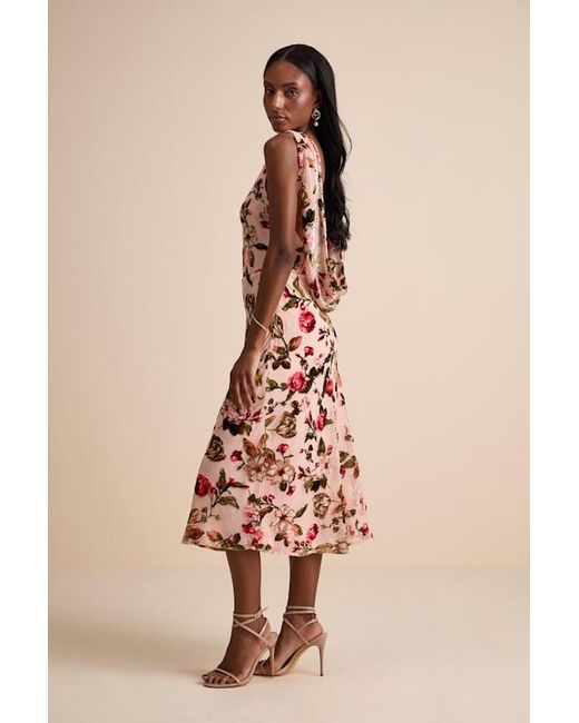 Lulus Natural Florina Blush Floral Velvet Floral Burnout Cowl Back Midi Dress