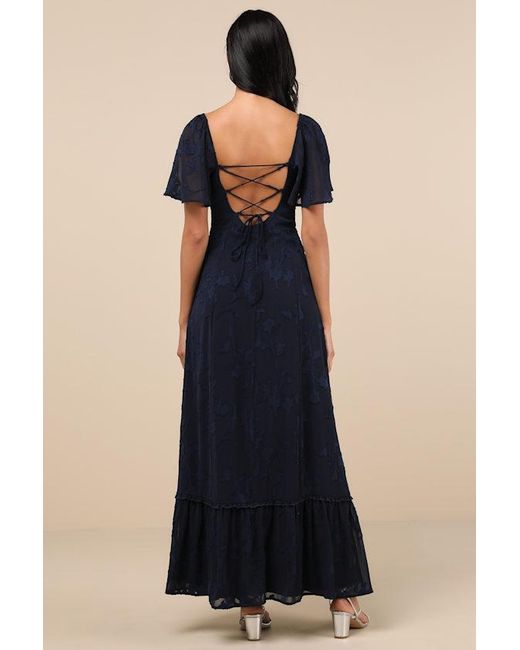 Lulus Blue Tailor Made For You Dark Jacquard Lace-Up Maxi Dress