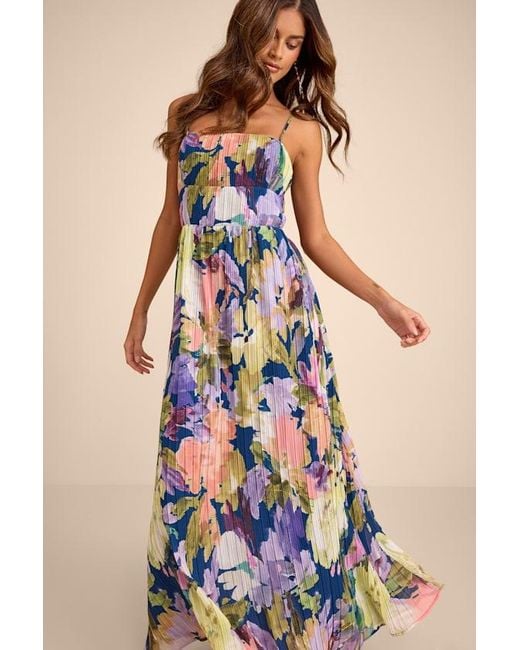 Lulus Blue Holloway Multi Floral Pleated Maxi Dress