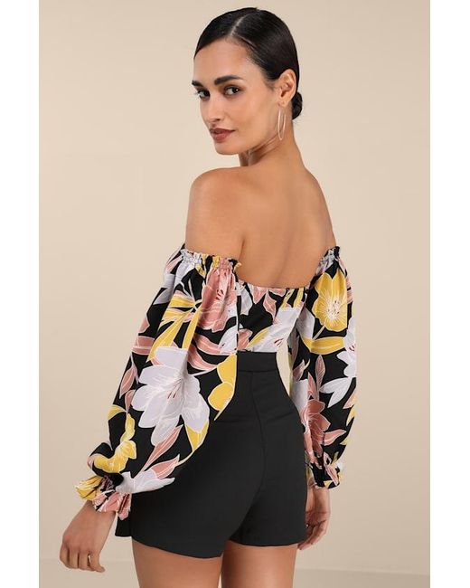 Lulus Black Bring The Blossom Floral Print Off-The-Shoulder Bodysuit