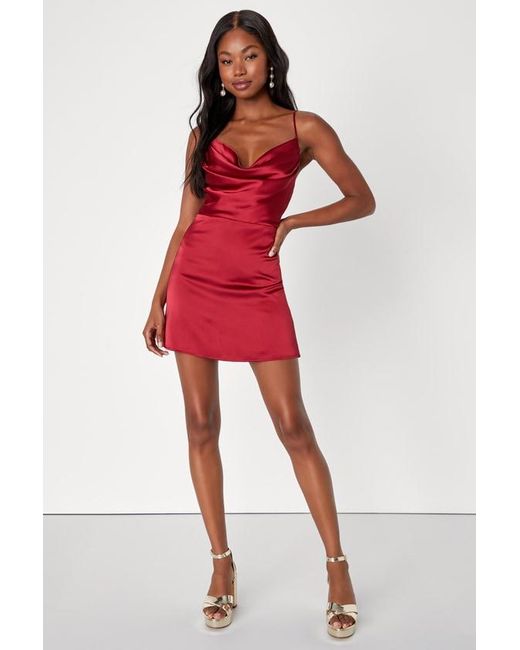 Lulus Red Luxe Reputation Satin Sleeveless Cowl Neck Mini Dress