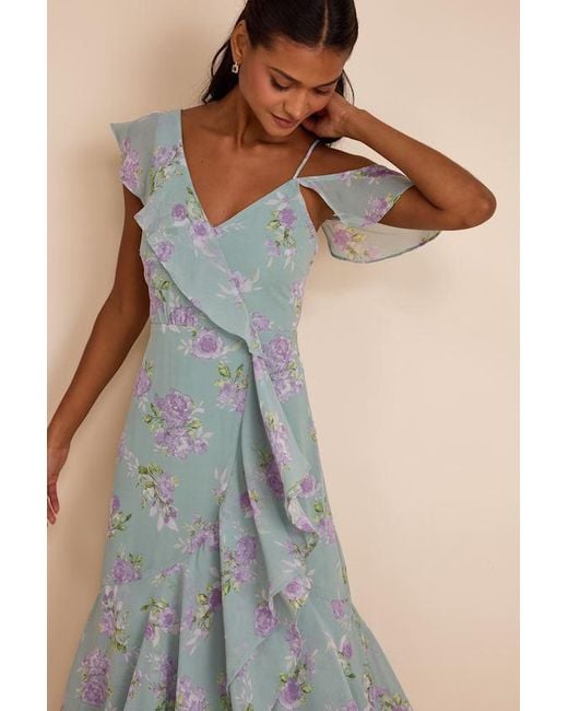 Lulus Green Velma Sage Floral Ruffled Asymmetrical Maxi Dress