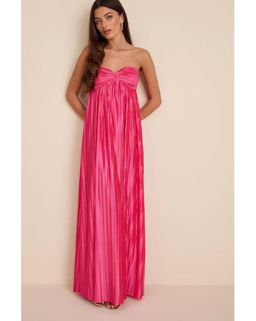 Lulus Pink Whimsical Beauty Satin Plisse Strapless Maxi Dress
