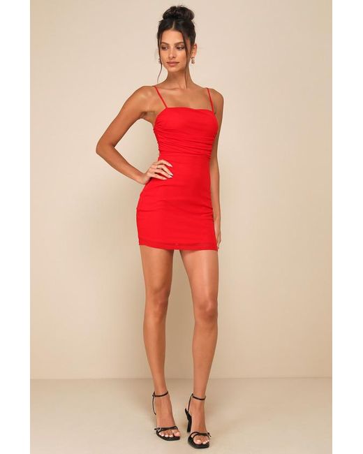 Lulus Red Completely Thriving Mesh Twist-Back Cutout Mini Dress