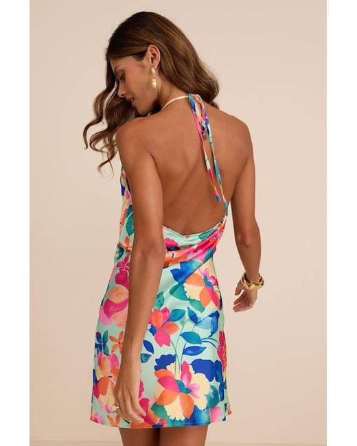 Lulus Blue Elevated Effect Mint Multi Floral Satin Halter Slip Mini Dress