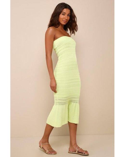Lulus Green Palm Springs Sweetie Lime Knit Strapless Midi Dress