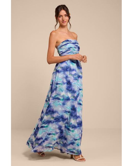Lulus Blue Mykala Abstract Pleated Strapless Maxi Dress
