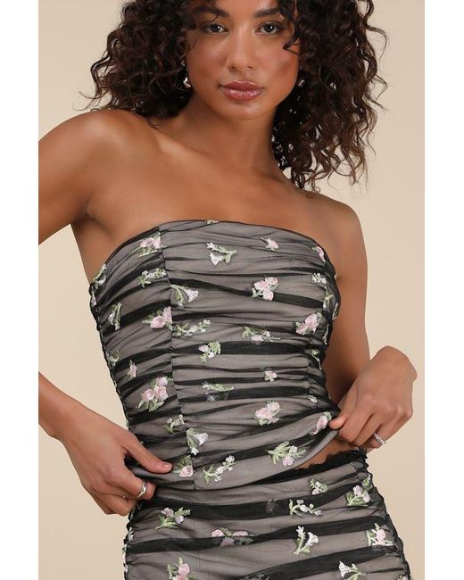 Lulus Gray Terese Mesh Floral Embroidered Ruched Top