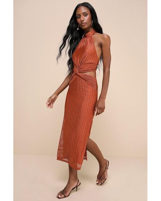 Lulus Multicolor Poised Attitude Rust Halter Cutout Twist-Front Midi Dress