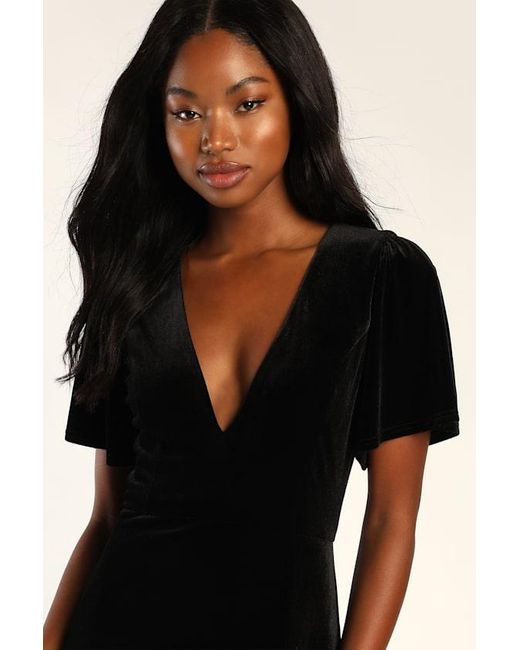 Lulus Black Elegant Evenings Velvet Flutter Sleeve Trumpet Maxi Dress