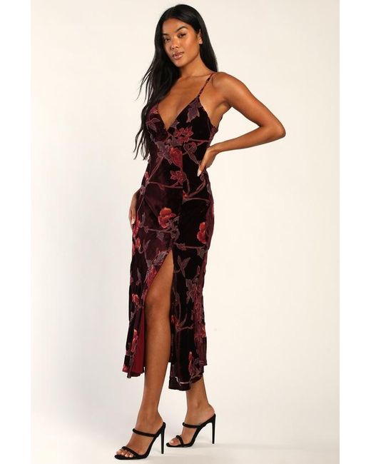 Lulus Divine Allure Floral Burnout Velvet Midi Dress in Brown | Lyst UK