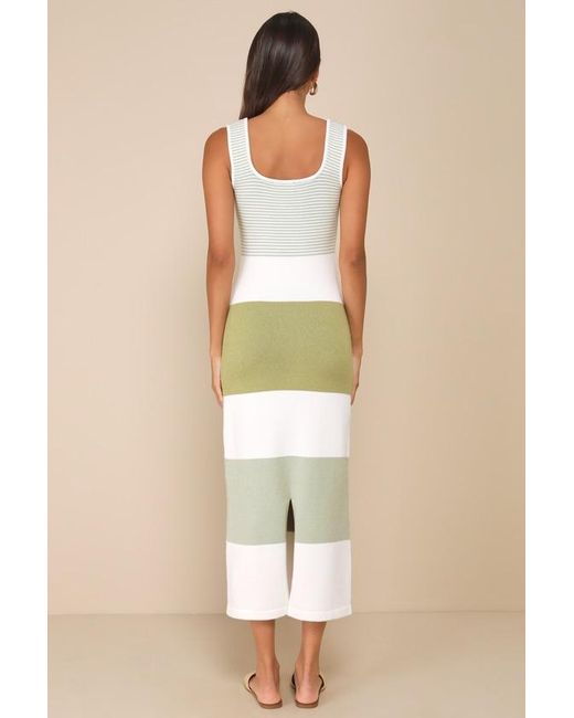 Lulus Natural Easily Gorgeous Ivory And Striped Midi Sweater Dress