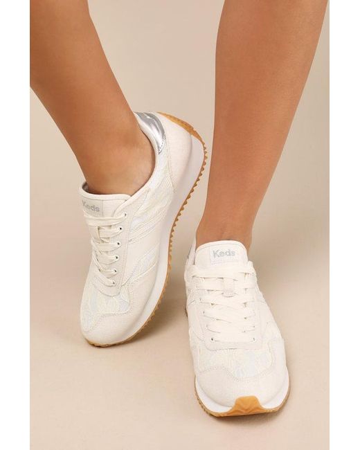 Keds Natural Rena Egret And Cream Floral Lace Lace-Up Sneakers