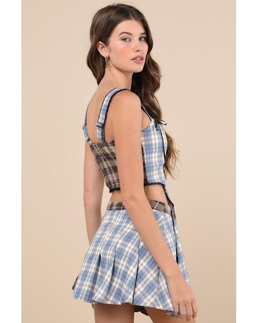 Daisy Street Blue Plaid To Have It And Plaid Patchwork Lace Bustier Top