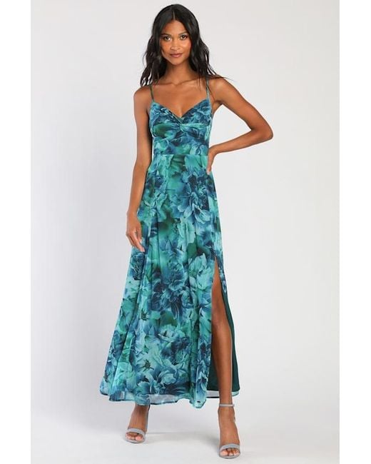Lulus Beautiful Soul Floral Print Twist-Front Maxi Dress in Blue