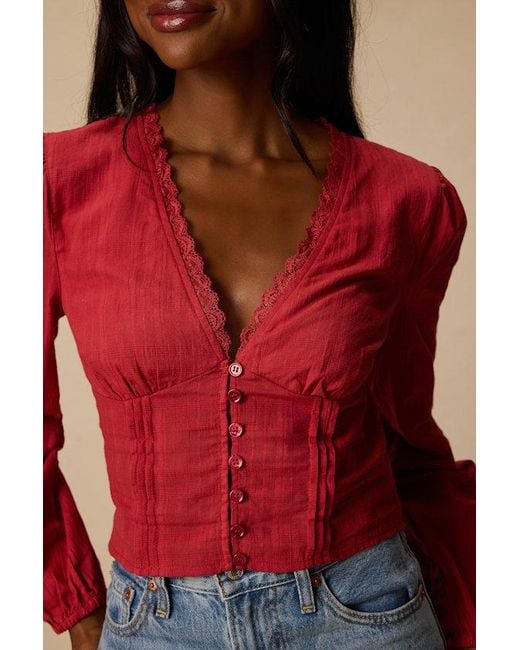 Lulus Red Keyra Button-Front Balloon Sleeve Crop Top