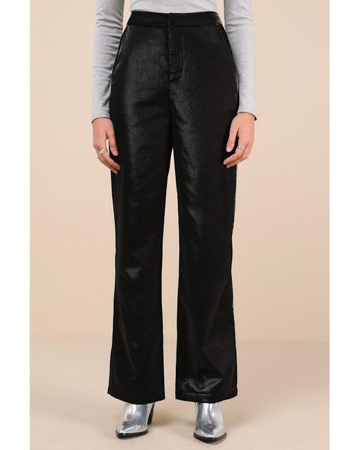 Lulus Natural Confirmedly Chic Shiny High-Rise Wide-Leg Trouser Pants