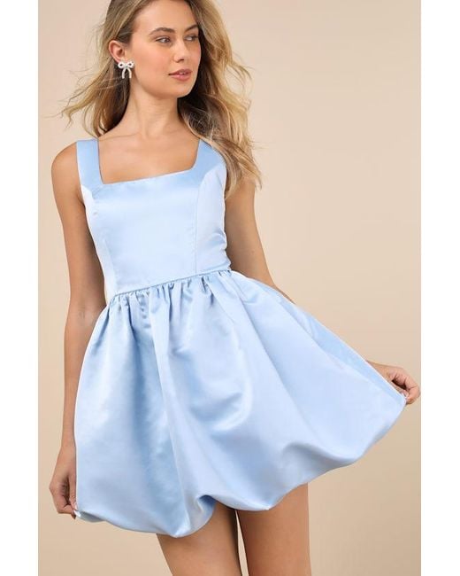 Lulus Blue Regal Cutie Satin Square Neck Bubble-Hem Mini Dress