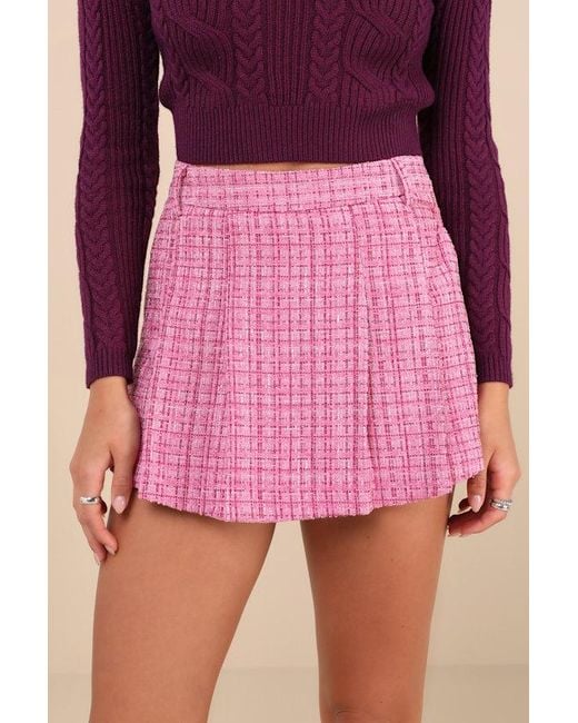 Lulus Purple Adored Pose Tweed Lurex Pleated High-Rise Skort