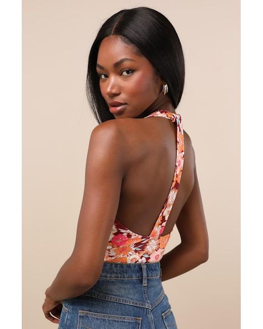 Lulus Orange Boldly Blooming Floral Print Halter Bodysuit
