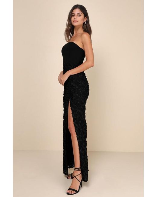 Lulus Black Ravishing Appeal 3D Floral Applique Strapless Maxi Dress