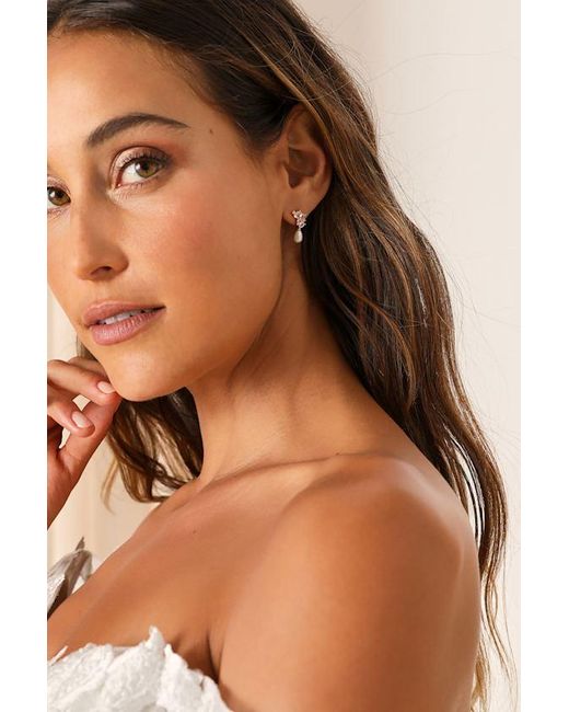 Lulus Brown Seeking Elegance Cubic Zirconia Pearl Stud Earrings