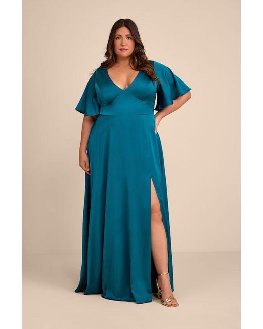 Lulus Blue Elegant Confidence Satin Flutter Sleeve Cutout Maxi Dress