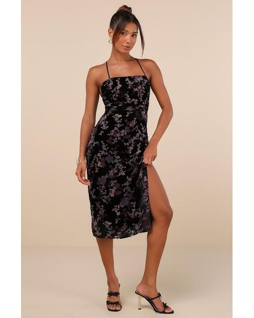 Lulus Black Elegant Persuasion Burnout Velvet Lace-Up Midi Dress