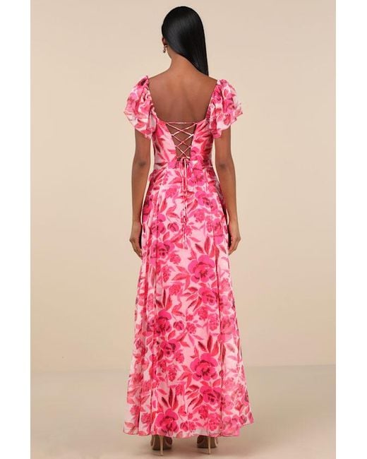 Lulus Pink Sensationally Sweeter Bright Floral Ruffled Maxi Dress