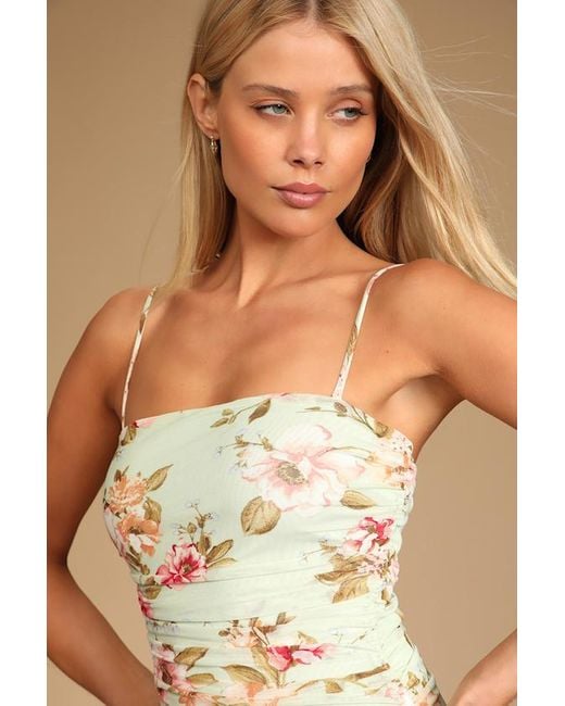 Lulus Natural Stun And Only Sage Floral Print Ruched Mesh Bodycon Midi Dress