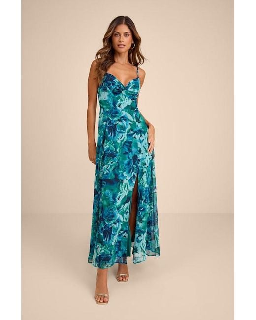 Lulus Blue Beautiful Soul Floral Print Twist-Front Maxi Dress