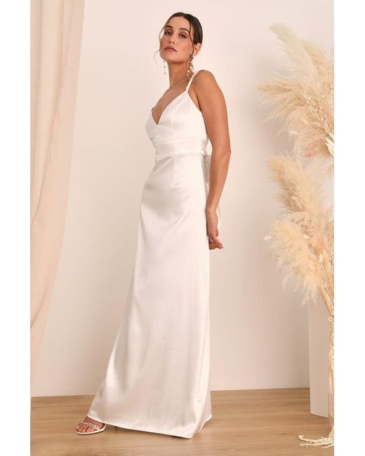 Lulus Natural Ready For Forever Satin Pearl Tie-Back Maxi Dress