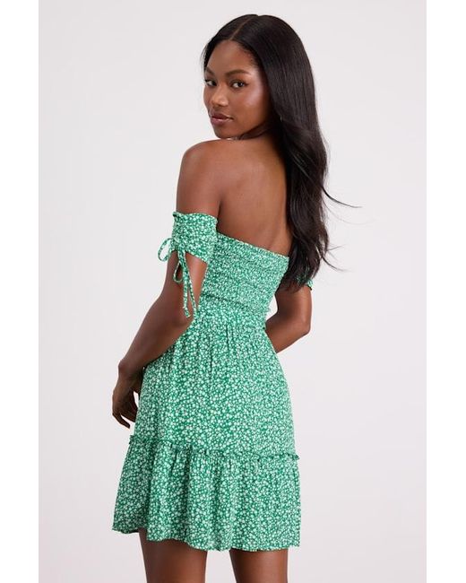 Lulus Green Sweetest Feelings Floral Off-The-Shoulder Mini Dress