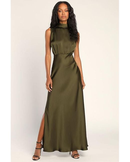 Lulus Green Classic Elegance Satin Sleeveless Mock Neck Maxi Dress