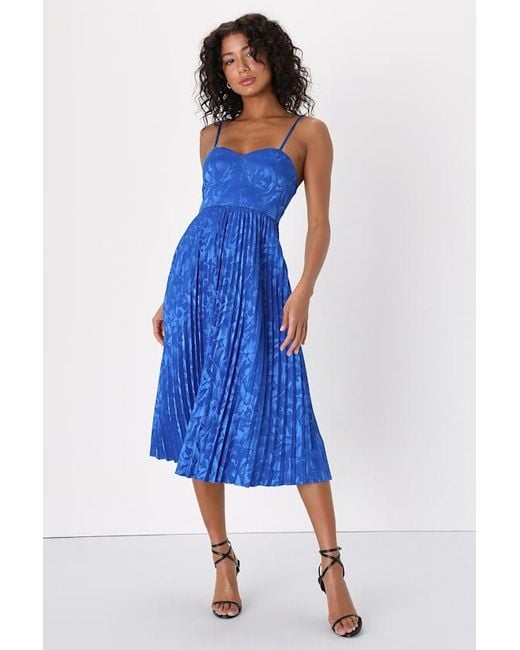 Lulus Blue Chic Sensibility Satin Jacquard Pleated Midi Dress