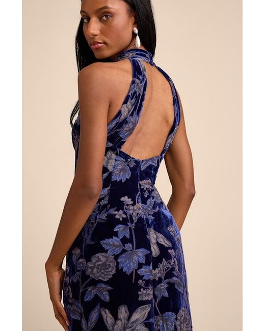 Lulus Blue Amberline Velvet Burnout Halter Maxi Dress