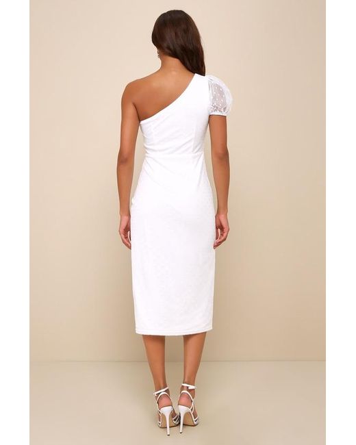 Lulus Natural Amazing Glamour Polka Dot Mesh One-Shoulder Midi Dress