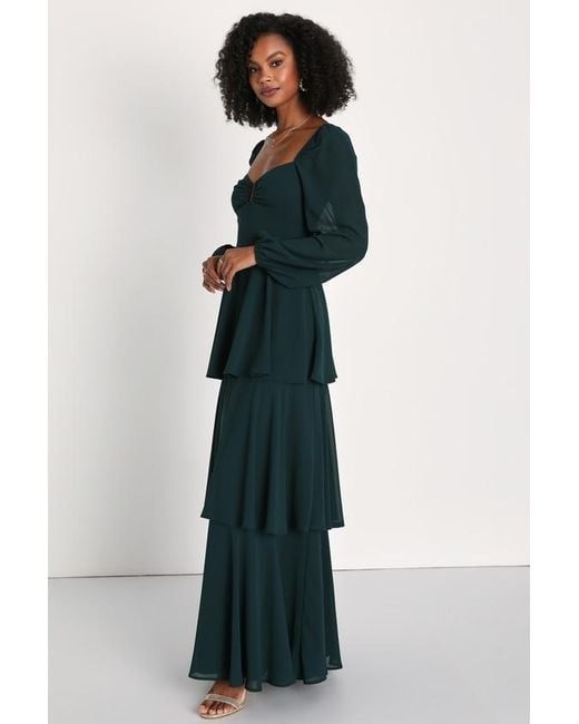 Lulus Tier To Enchant Long Sleeve Tiered Maxi Dress in Green | Lyst UK
