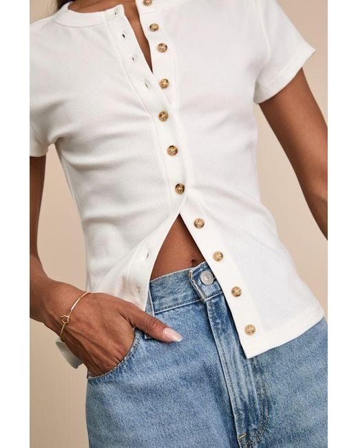 Lulus Blue Annalena Ribbed Button-Front Short Sleeve Top