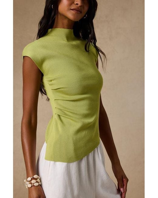 Lulus Green Terry Lime Mock Neck Asymmetrical Sweater Top