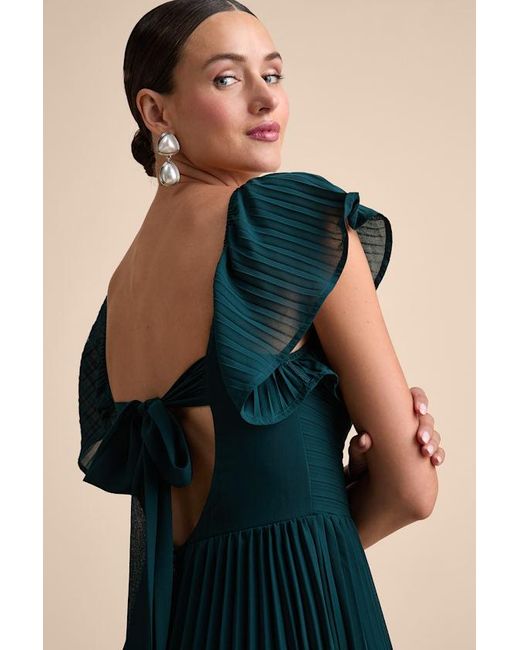 Lulus Black Notorious Charm Emerald Pleated Flutter Sleeve Maxi Dress