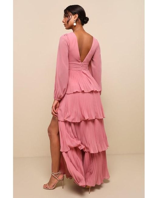 Lulus Pink Graceful Finesse Pleated Long Sleeve Maxi Dress