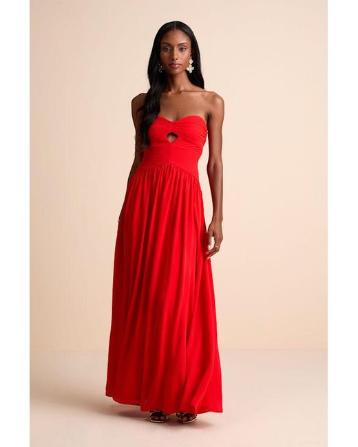 Lulus Red Rozala Bright Pleated Strapless Maxi Dress